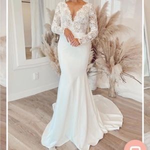 Sheath column stretch crepe lace, V-neck long dress mermaid style